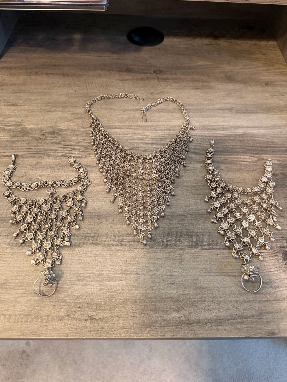 Tribal Festival Chainmail Bib Necklace & 2 Floral Hand Slave Bracelets Ring #K83 - Picture 2 of 14